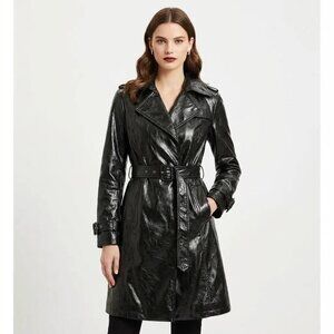 Hilary Radley New York Women's Shiny Black PU Leather Belted Trench Coat Sz S/P